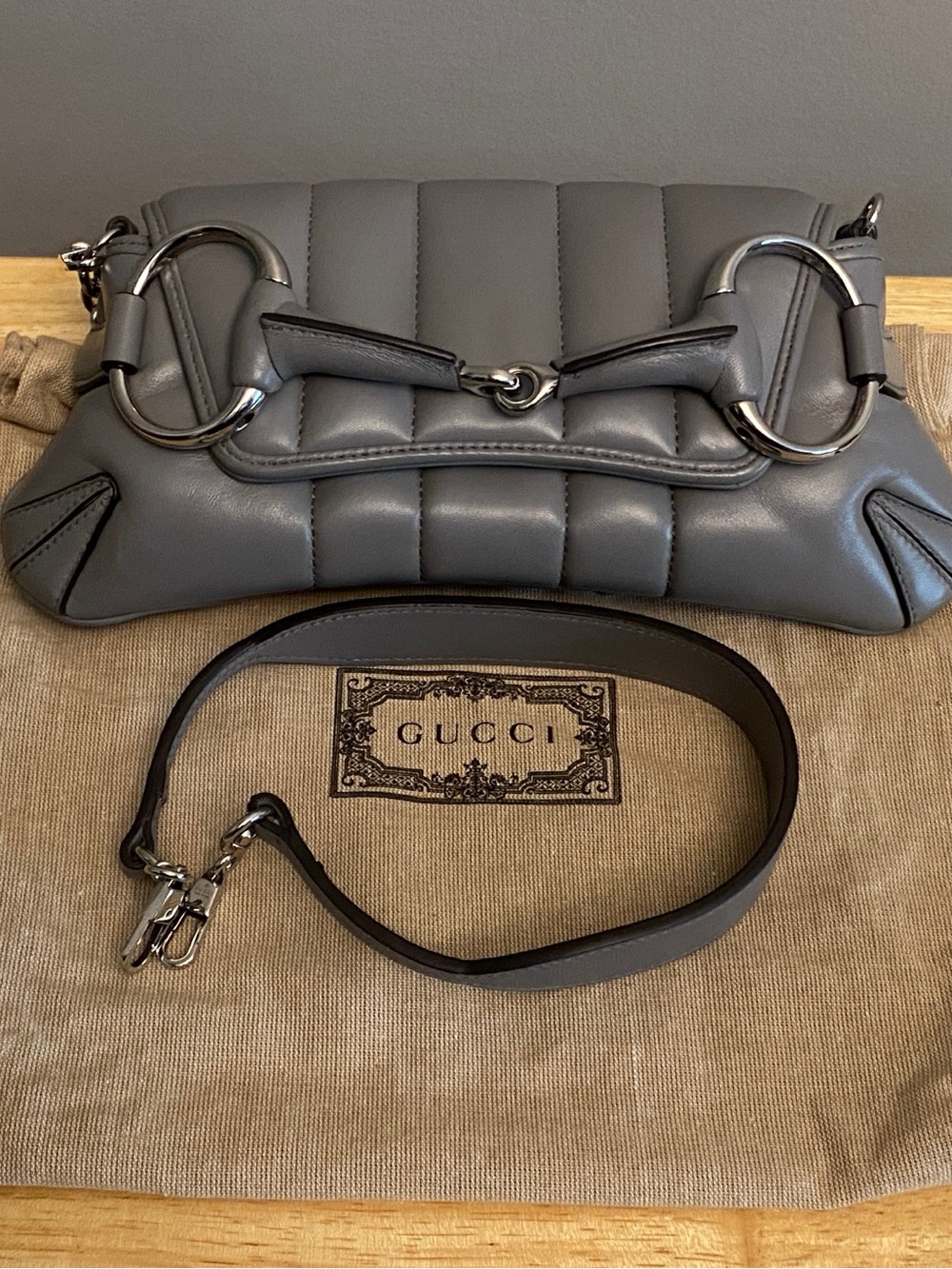 Gucci Gray Quilted Leather Shoulder Bag with Horsebit Rings